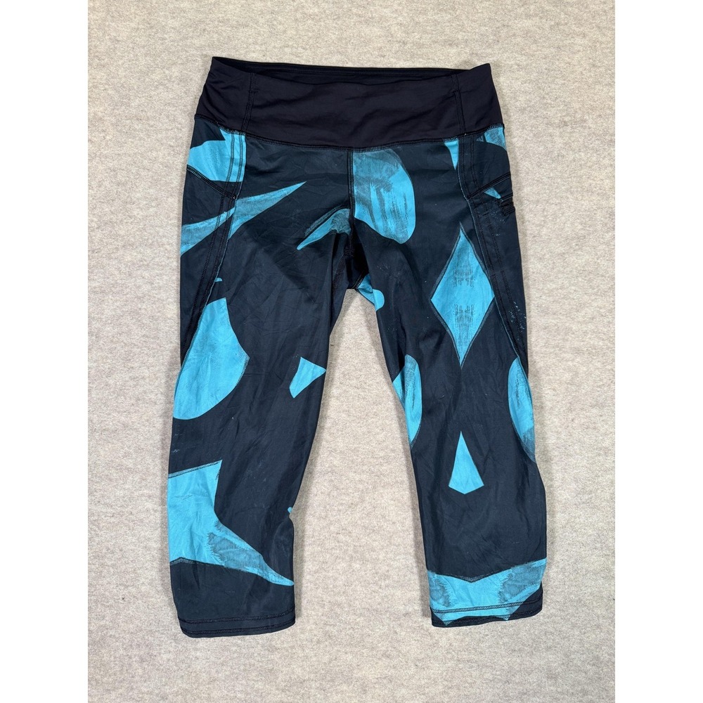 Lululemon Leggings Womens 6 Black Capri Abstract Print Zip Pocket Running Yoga‎